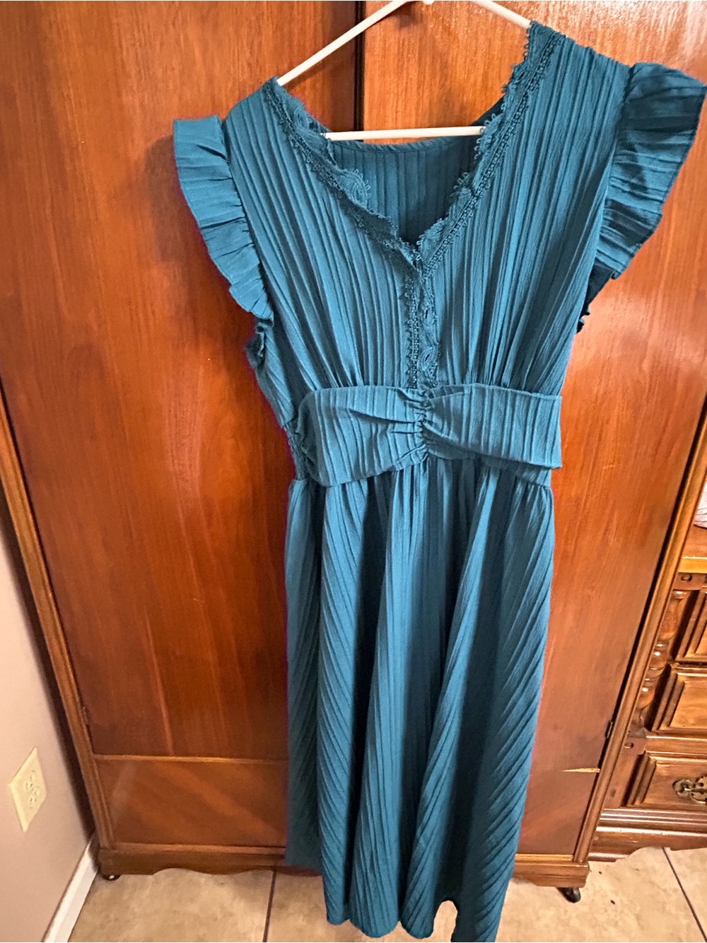 Girls Teal Pleated Bow-Front Dress